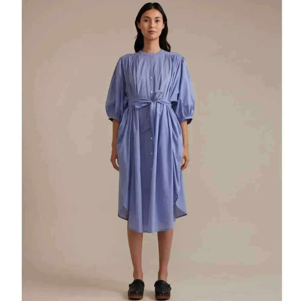 Bellerose Isis Blue 100% Cotton Oversized Gathered Back Midi Shirt Dress NWT OS